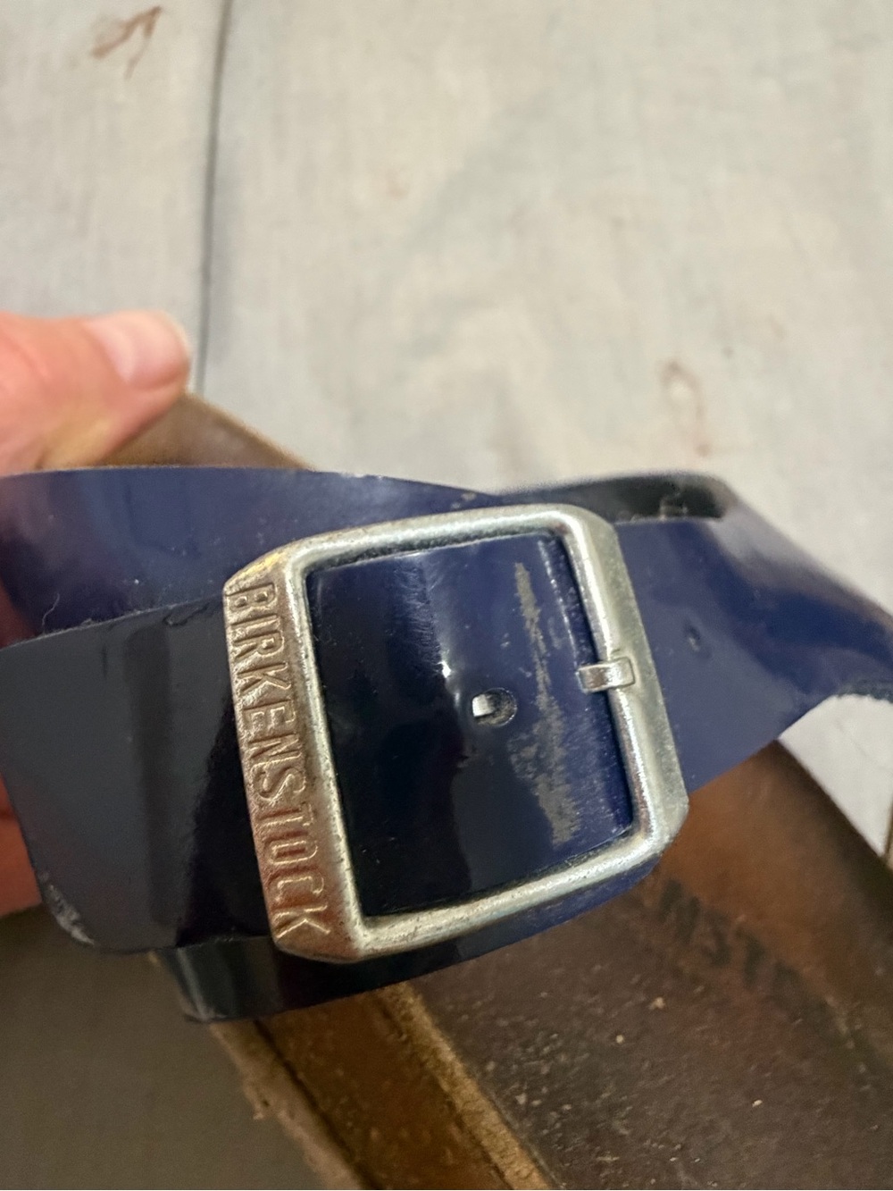 Well worn Birkenstock Navy Patent Buckle Sandals - Picture 7 of 8